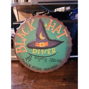 HALLOWEEN WITCH BLACK HAT DINER 14" ROUND‎ METAL Bottle Cap Sign